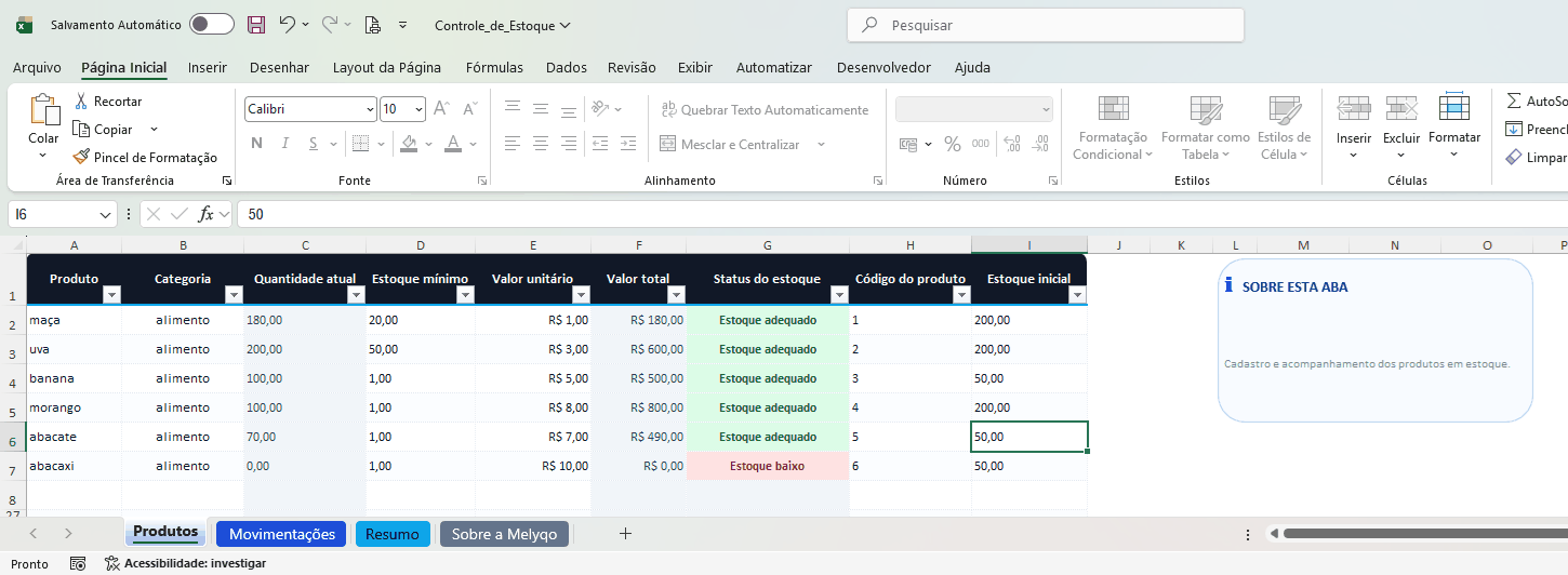 Aba de produtos de uma planilha da Melyqo, no Excel, com o status de cada item calculado automaticamente